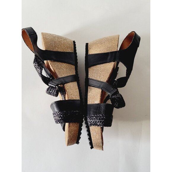 Taos Trulie Black EU 38 US 7.5 Leather Sandals Woven Strappy Wedge 2.5" - Picture 9 of 11